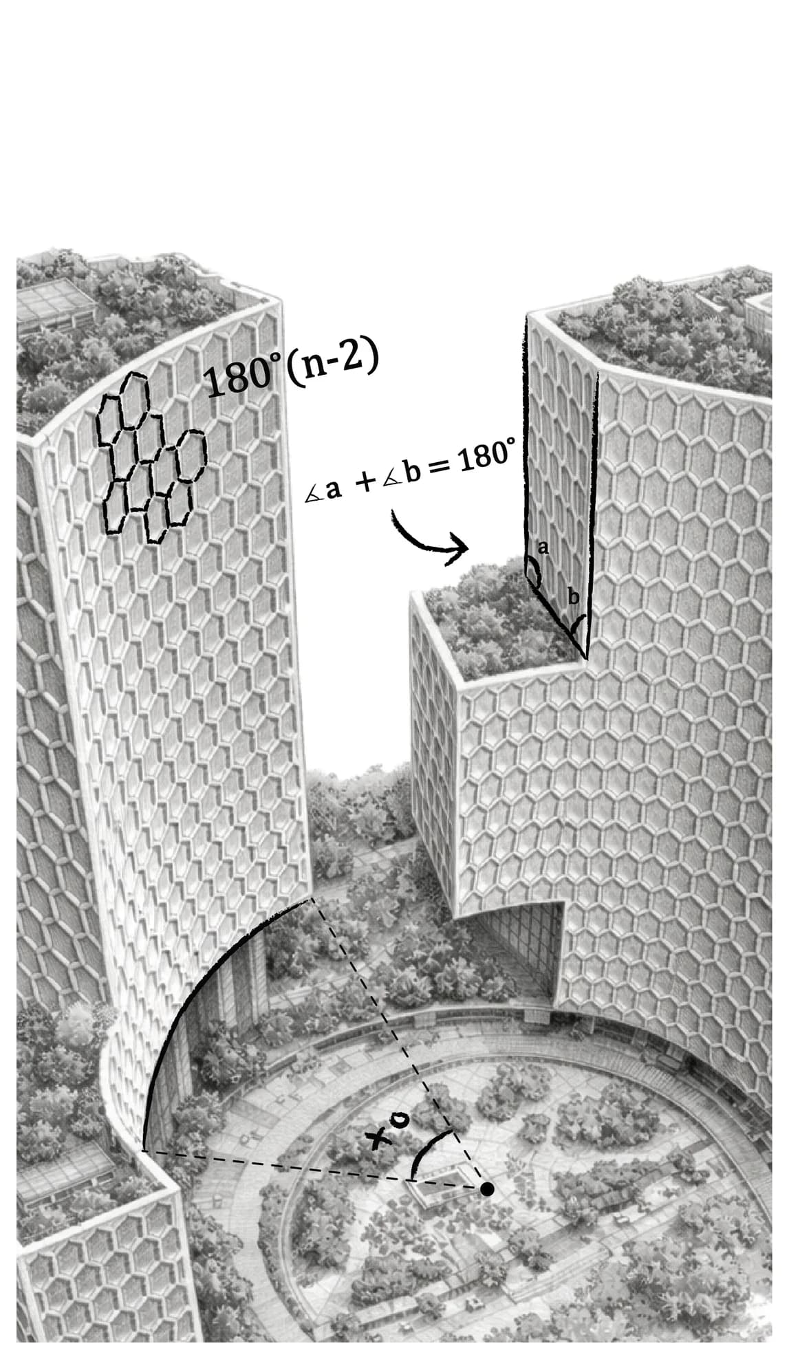 Pencil drawing of Singapore's Duo Tower, annotated with interior-angle formulae from an AXIS cover