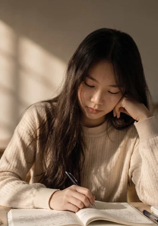 A student writing at her desk